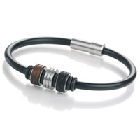 TeNo YuKoN rubber bracelet with beads of wood, steel and horn. Designed and made in Germany, has steel security wire inside the rubber. 2 year warranty