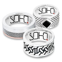 Each Soho Ring is made from materials such as sterling silver, steel, titanium and 9ct gold. Some styles are set with black diamonds or onyx.