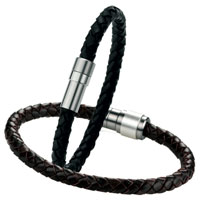 RRP from $165 - Black or brown plaited leather bracelet, steel clasp with choice of silver, mother of pearl, snakewood, ebony or steel inlay. Designed and made in Germany. 2 year warranty 