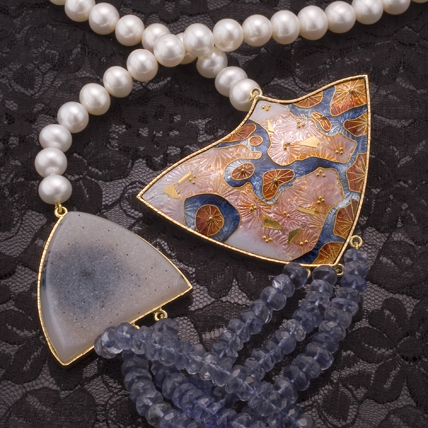 'Veiled Passion' made of enamel, druzy quartz, 22-carat and 24-carat gold, fine and sterling silver, freshwater pearls and ioilite faceted beads