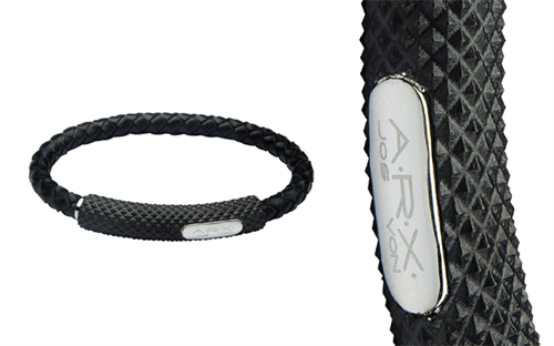 The Russell Collection’s stainless steel and leather Arx bracelet