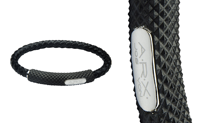 The Russell Collection’s stainless steel and leather Arx bracelet