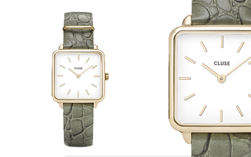 Cluse La Tetragone womens watch with green alligator leather strap and gold details
