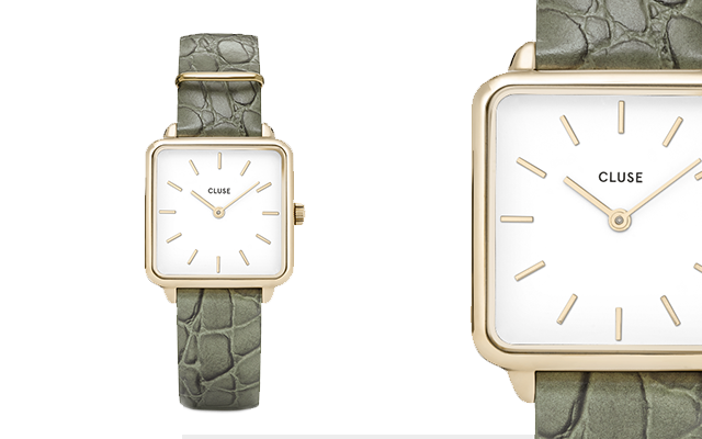 Cluse La Tetragone womens watch with green alligator leather strap and gold details