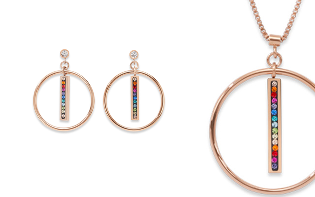 Coeur de Lion's rose-gold plated drop circle necklace and earring set, with multi-colour crystals.