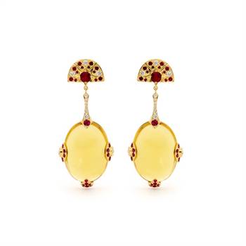 Heliodor, diamond & ruby earrings by Matthew Ely
