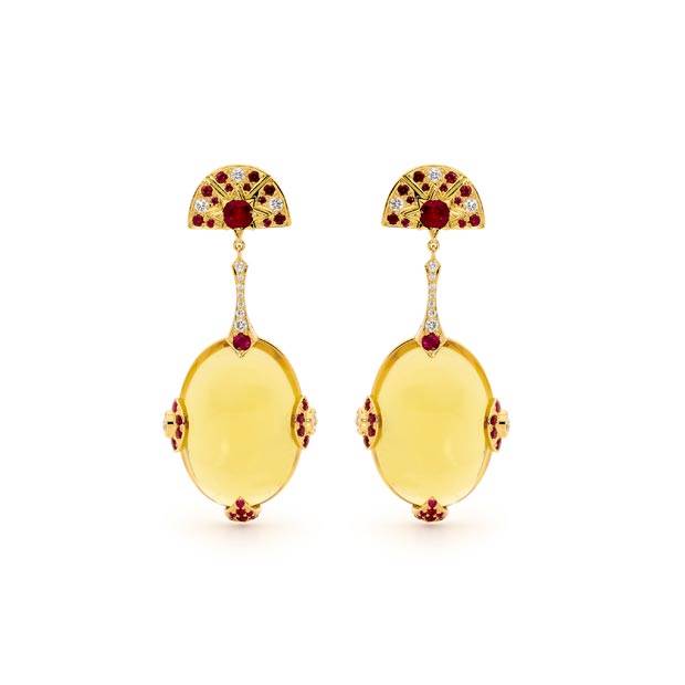Heliodor, diamond & ruby earrings by Matthew Ely
