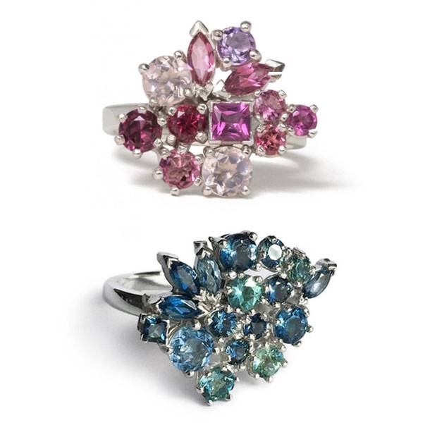 'Pink Fuchsia Giardinetti' ring & 'Gem Garden' ring by Rachel Laura Gorman.