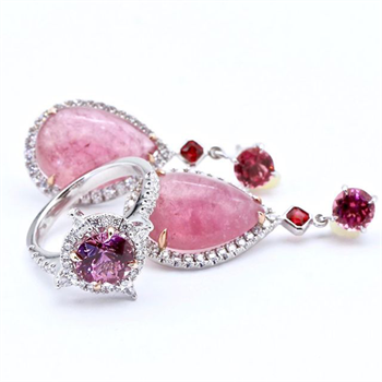 Bespoke pink tourmaline, spinel & diamond set by Nicole Winkler.