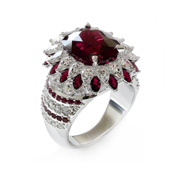 Exquisite layered diamonds and rubies platinum ring by Gary Meaden.