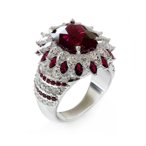 Exquisite layered diamonds and rubies platinum ring by Gary Meaden.
