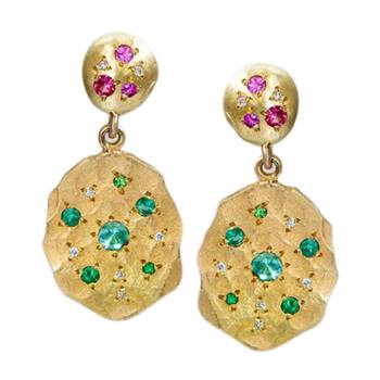 'Emerald And Pink Sapphire Splatter' earrings by Sarah Gardner.