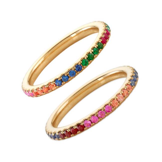 'Kaleidoscope Rainbow' half band rings by Lucie Ferguson.