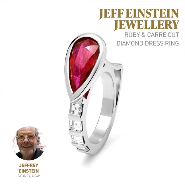 Ruby and Carre Cut Diamond Dress Ring by Jeffrey Einstein