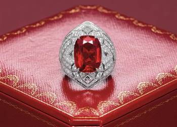 A ruby and diamond ring from Cartier sold for $US7.3 million ($AU10.6 million), and featured an 8.3-carat Burmese ruby surrounded by white diamonds. Source: Poly Auctions