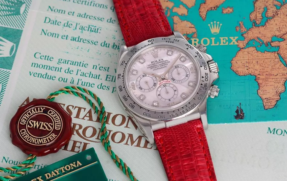 Rolex Cosmograph Daytona, ref 16516, platinum with diamond-set mother-of-pearl dial, 1998 | Source: Forbes/Sotheby’s