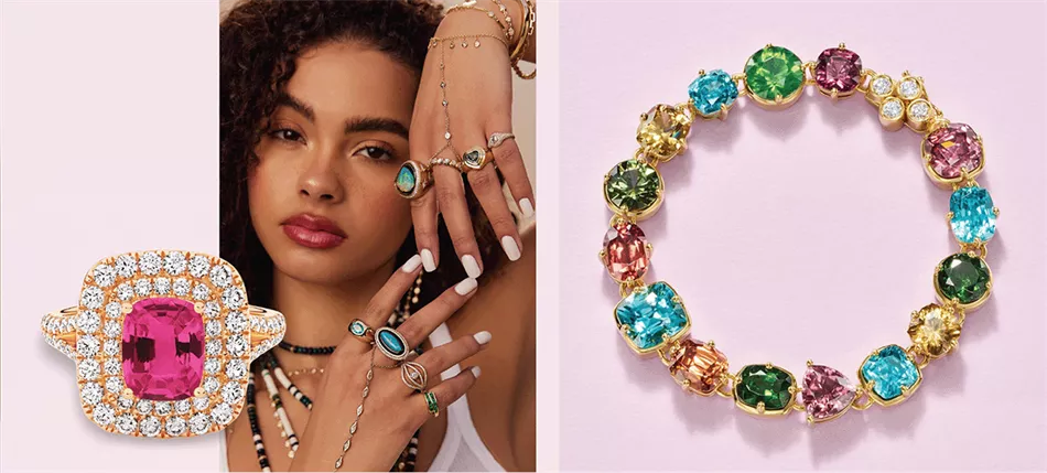 <b>L to R:</b> Bolton Gems; Jacquie Aiche; Temple St Clair” style=”width: 90%; height: auto; max-width: 600px;”></div>
<p>Diamonds may be the ‘default’ selection for jewellery; however, younger consumers are looking for personalisation and finding it in vibrant rubies, enchanting emeralds, and sparkling sapphires.</p>
<div style=