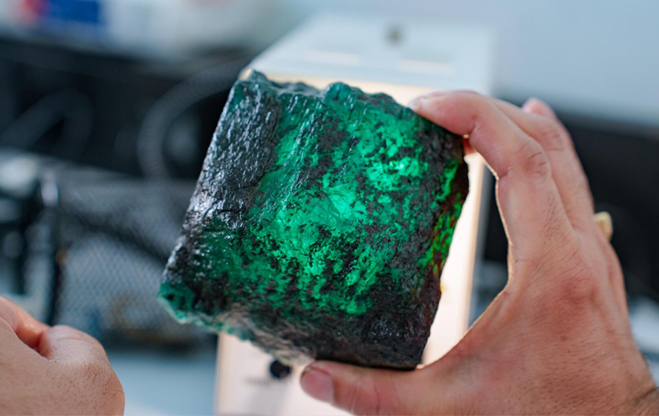 A 6,620-carat emerald, named the Pilala - and known for its intense fluorescent colour and transparent clarity - helped garner $USD24.8 million in sales at auction in Dubai last month. | Source: Grizzly Mining