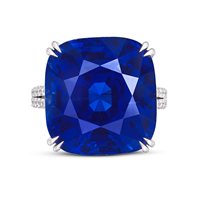 An antique cushion-shaped 35-carat sapphire in a band set with round diamonds ring, known as the Regent Kashmir.