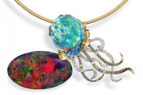 <b>L to R:</b>19.89 carat Crimson Rosella by Cody Opal | Award-winning work: Medusa’s Sting