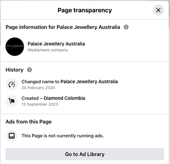Palace Jewellery Australia - Facebook Transparency
