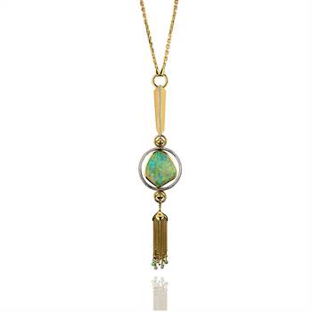 The Celestine: Handmade 18-carat gold Andamooka Opal necklace featuring a 20-carat freeform, double-sided gemstone from South Australia.