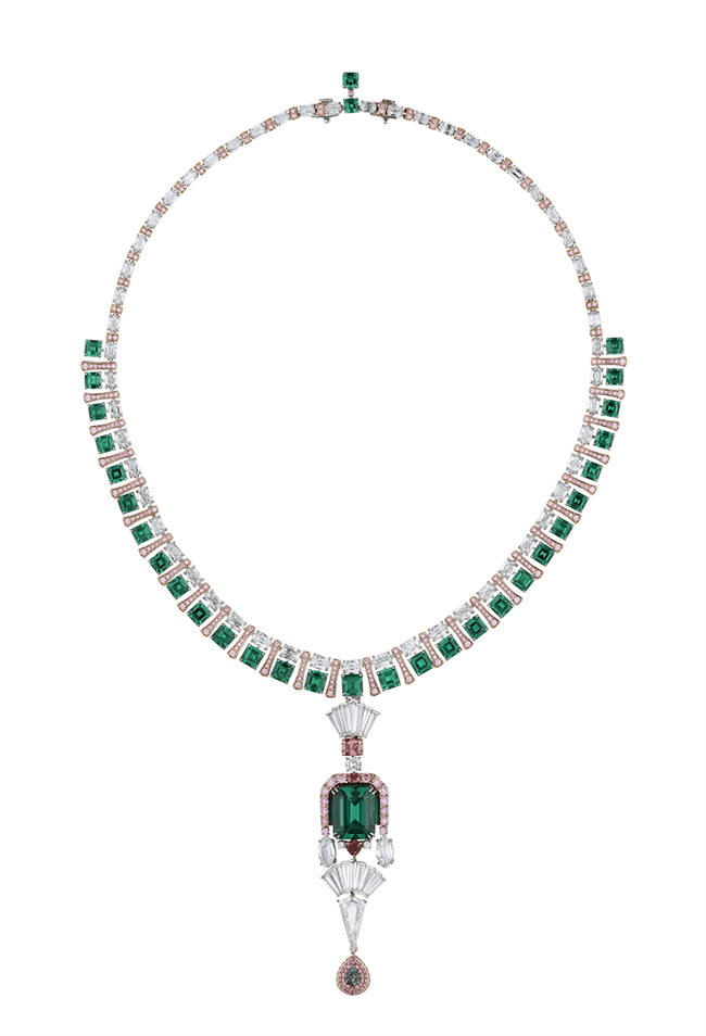 The Cleopatra Necklace. A meaningful and exotic name. No oil Muzo emeralds 4.70ct and 4.86ct set in a platinum and 18K gold earrings with 1.89cts of baguette white diamonds and 1 .27cts of Argyle pink diamonds