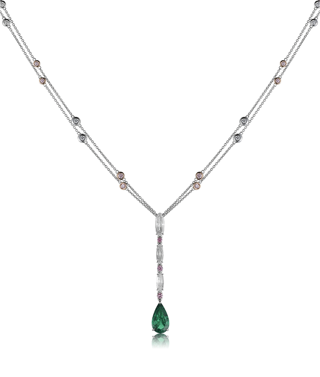 The Aria Pendant. A song to remember. 2.45ct pear shape Muzo emerald (cedar oil) set in a pendant w ith three modified oval shape diamonds, 1.80cts and three Argyle pink diamonds, total 0.18cts. Set in platinum and 18K gold