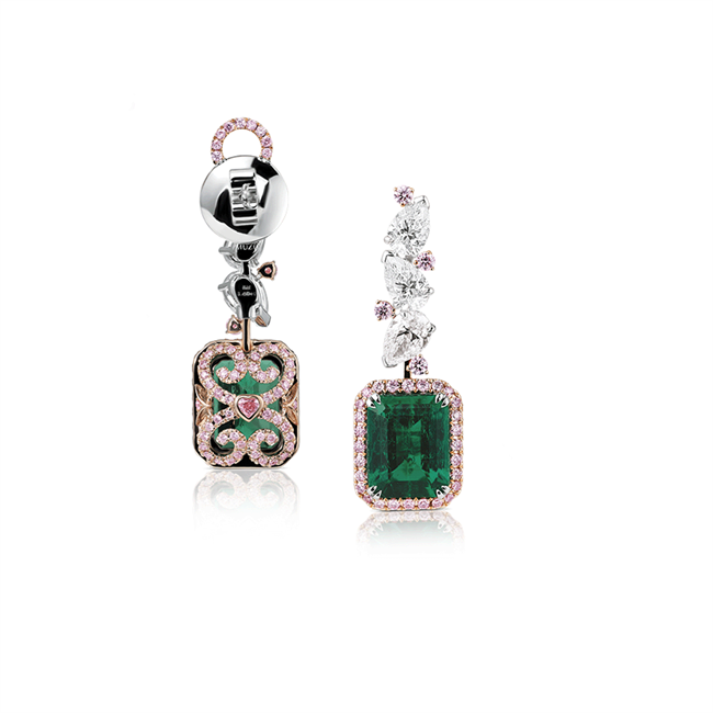 The Delina Earrings. A rare and souft-sounding name.  Two Emerald-cut no oil Muzo emeralds, 3.92ct and 3.48ct, each surrounded by a halo of Argyle pink diamonds.  Set in a platinum and 18K gold