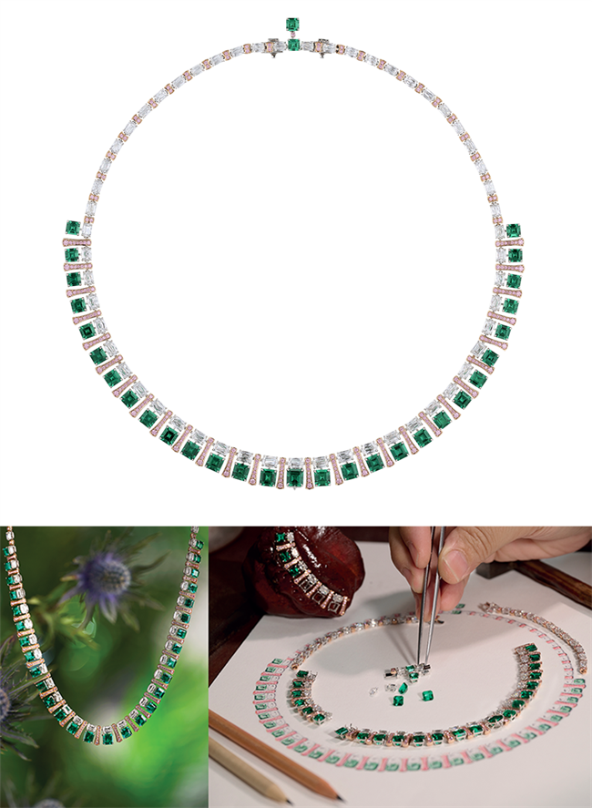 The Cleopatra: Exudes exotic elegance, timeless beauty, and regal allure. This necklace has a collection of 20.45cts of square emerald-cut no oil Muzo emeralds. Interwoven amongst the emeralds are 2.69cts of Argyle pink diamonds and 22.04cts white diamonds. Crafted in platinum and 18K gold.
