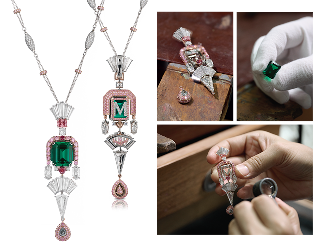 The Earth Magic III Pendant: Handcrafted in platinum and 18K rose gold, featuring a 10.63-ct untreated emerald-cut Muzo emerald, two fancy deep pink Argyle diamonds, a rare 0.19-ct fancy red Argyle diamond, a 0.55-ct pear-shaped Argyle blue diamond, and 8.60 ct of white diamonds.