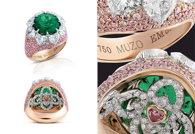 The Angela Rings: The name evokes purity, grace and divinity. An exceptional round brilliant shape no oil  Muzo emerald 5.24ct surrounded by 8 heart shape diamonds, total 4.03cts and a bed of 1.69cts of Argyle pink diamonds. Crafted in platinum and 18K gold