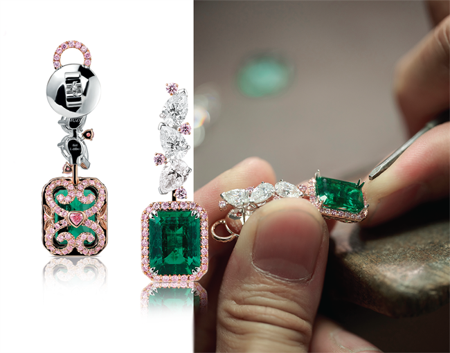 The Delina Earrings: A rare and souft-sounding name. Two Emerald-cut no oil Muzo emeralds, 3.92ct and 3.48ct, each surrounded by a halo of Argyle pink diamonds. Set in a platinum and 18K gold