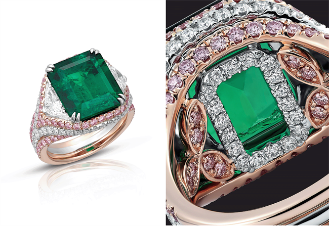The Hana Ring: Floral, graceful and joyful. A no oil Muzo emerald 6.74ct with 2 half moon white diamonds weighing 0.76cts in an elegant setting with Argyle pink diamonds and white diamonds. Set in platinum and 18K gold