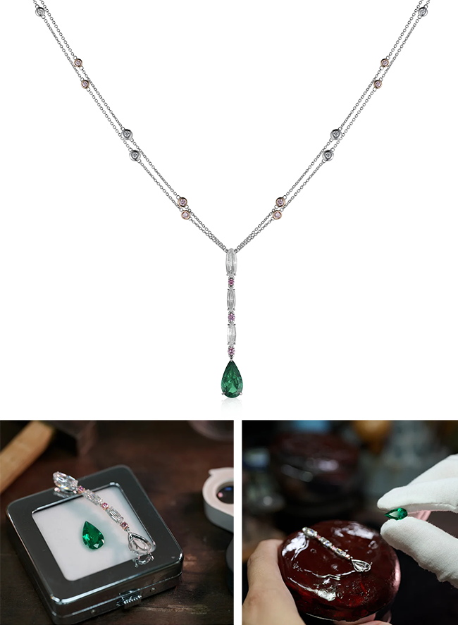 The Aria Pendant: A song to remember. 2.45ct pear shape Muzo emerald (cedar oil) set in a pendant w ith three modified oval shape diamonds, 1.80cts and three Argyle pink diamonds, total 0.18cts. Set in platinum and 18K gold