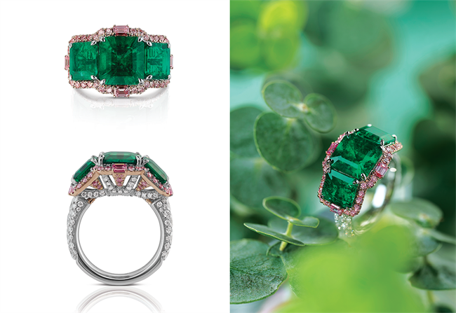 The Viridissima Ring: A feminine name meaning fresh and green. A trinity ring with three emerald-cut Muzo emeralds (cedar oil) totalling 5.72cts outlined by 0.78cts Argyle pink diamonds and 1.06cts white diamonds. Set in platinum and 18K gold