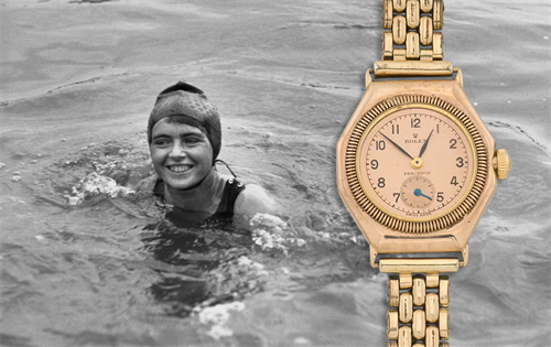 The 9-carat yellow gold “Mercedes Gleitze Rolex Oyster,” most likely made in late 1926, is regarded as the world’s first practical waterproof wristwatch. | Source: National Jeweler/BBC Countryfile
