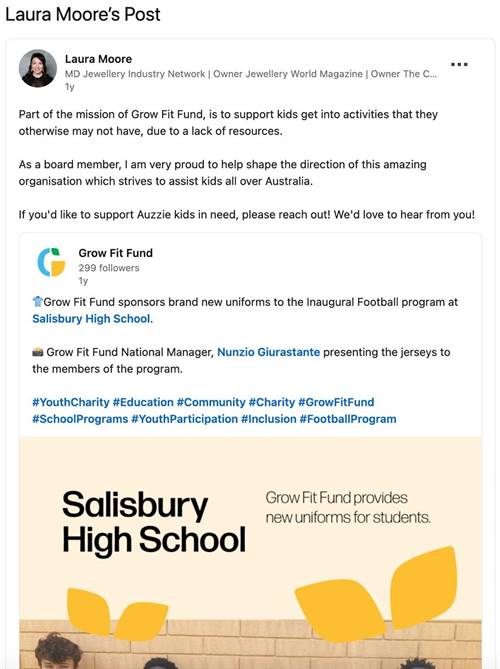 Laura Moore’s LinkedIn post not only details her connection to the charity, it also demonstrates the many ways in which her and Phanthapangna