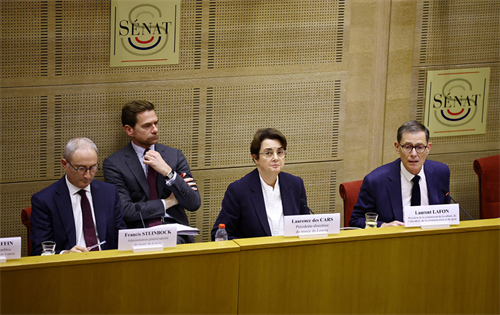 <b>L to R:</b> Francis Steinbock, Matthias Grolier, Laurence des Cars and French Senator Laurent Lafon are seen before the start of a hearing by the Culture, Education, Communication and Sport Commission at the French Senate in Paris, France, Oct 22, 2025. | Source: China Daily/Agencies