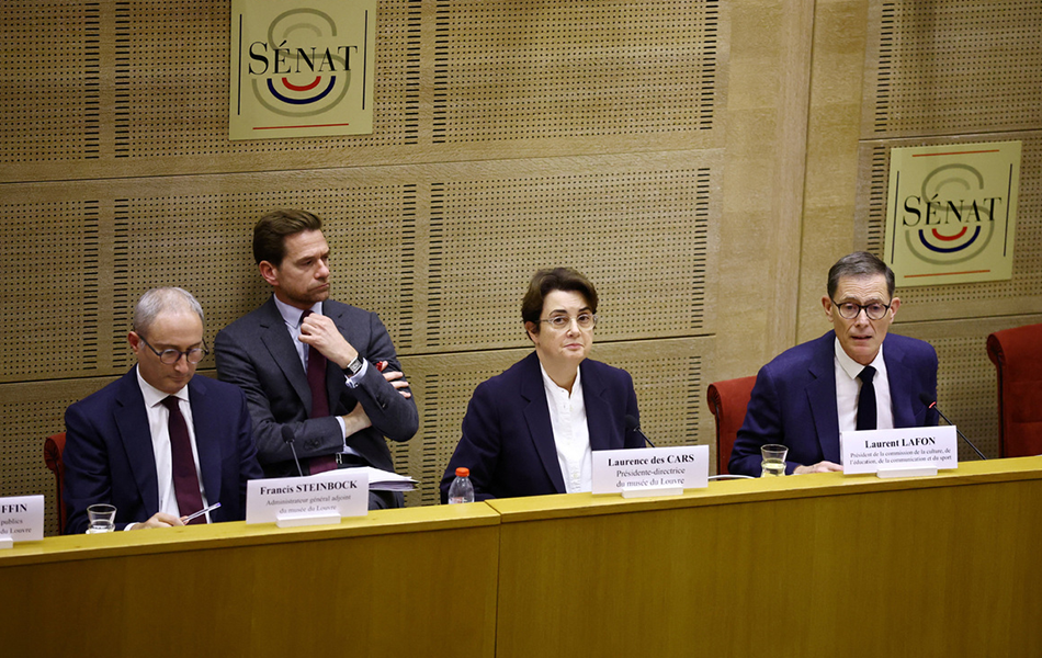 <b>L to R:</b> Francis Steinbock, Matthias Grolier, Laurence des Cars and French Senator Laurent Lafon are seen before the start of a hearing by the Culture, Education, Communication and Sport Commission at the French Senate in Paris, France, Oct 22, 2025. | Source: China Daily/Agencies <b>L to R:</b> Francis Steinbock, Matthias Grolier, Laurence des Cars and French Senator Laurent Lafon are seen before the start of a hearing by the Culture, Education, Communication and Sport Commission at the French Senate in Paris, France, Oct 22, 2025. | Source: China Daily/Agencies