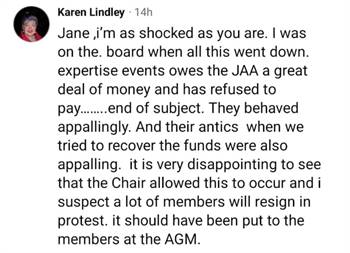 Karen Lindley was appointed to the JAA Board in 2016 after Laura Moore was forced to step down. She recently described the conduct of Expertise Events as "appalling". In 2017, Lindley issued an apology to Expertise Events after she made unfounded allegations.