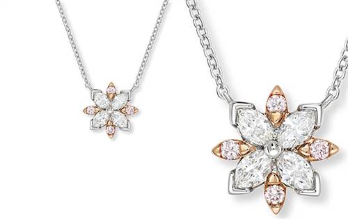 Blush Estelle Necklace: Radiant & graceful, crafted in 18K rose & white gold. Marquise-cut white diamonds form delicate petals accented by Argyle pink diamonds. | Source | Blush Pink