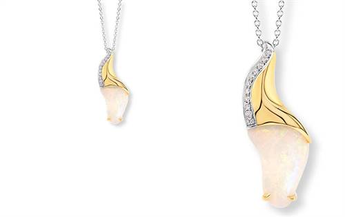 Coober Pedy Opal Pendant: 18K yellow & white gold pendant showcasing a luminous white opal with a graceful curve of Argyle white diamonds. Elegant Australian craftsmanship. | Source: Ellendale Diamonds