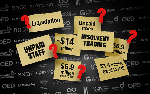 The Jewellery Industry Network, founded by Angkham (Andy) Phanthapangna and Laura Moore, is connected to seven companies that have collapsed with $14 million in liabilities, and owing the Australian Taxation office $6.9 million along with $1.4. million to staff.