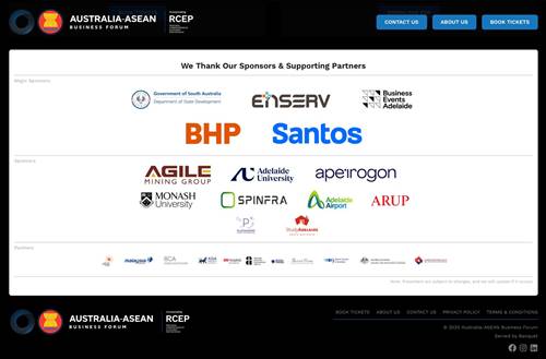 SPONSORING YOUR OWN EVENT: Apeirogon’s name and logo feature prominently as a sponsor of Francis Wong’s ‘Australian ASEAN Business Forum’, including its recent Adelaide event. Apeirogon, for which Wong claims to be ‘chairman’, was placed into Liquidation on 15 August 2025, 10 days before his event.