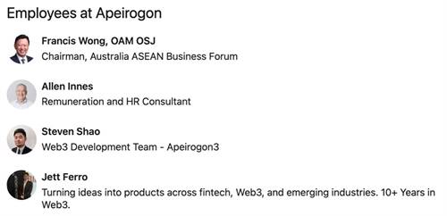 EXPLORING THE LINKS: Francis Wong’s personal LinkedIn account states “Chairman Apeirogon”, while Apeirogon’s LinkedIn account here lists him as an employee, alongside Steven Shao and Jett Ferro. (See logo images below)