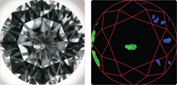 The left image, captured using GIA-developed hardware, trains IBM Research’s artificial intelligence (AI) software to recognise  inclusions and reflections of inclusions. In the right image, the AI system has identified inclusions (marked green) as distinct from  the blue-marked reflections. The AI 