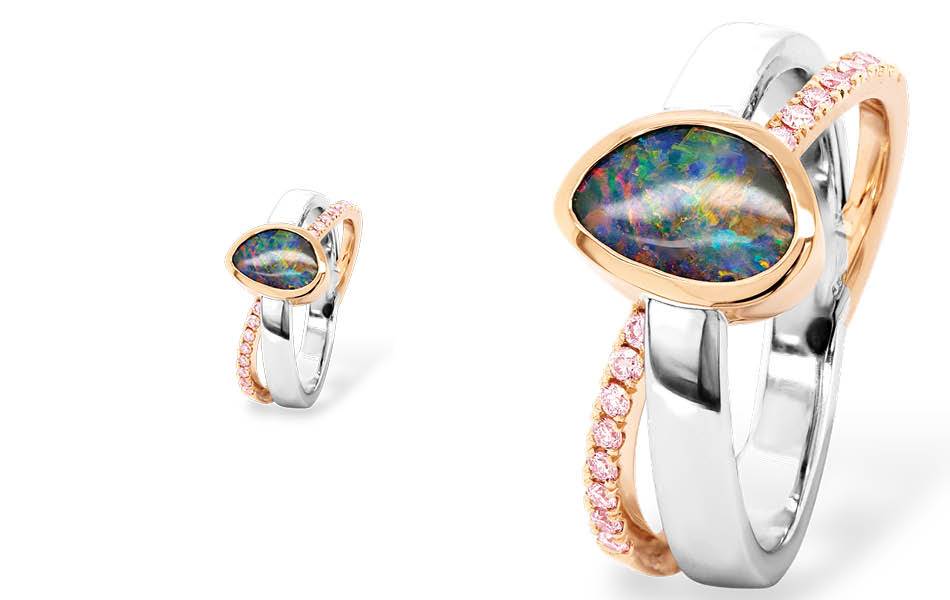 Ellendale Diamonds: Discover this contemporary opal ring in 18K white and rose gold. Adorned with rare Argyle pink diamonds and brilliant white diamonds. | Source: Ellendale Diamonds Australia