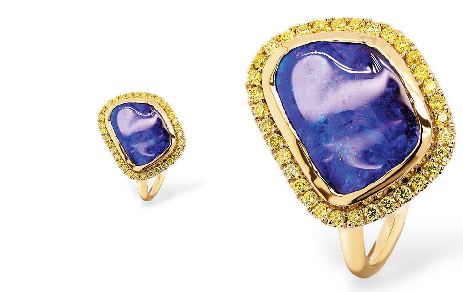 Ellendale Diamonds: Make a statement with this 18K yellow gold ring. A freeform opal is haloed by vibrant yellow diamonds. Bold, individual, and eye-catching. | Source: Ellendale Diamonds Australia