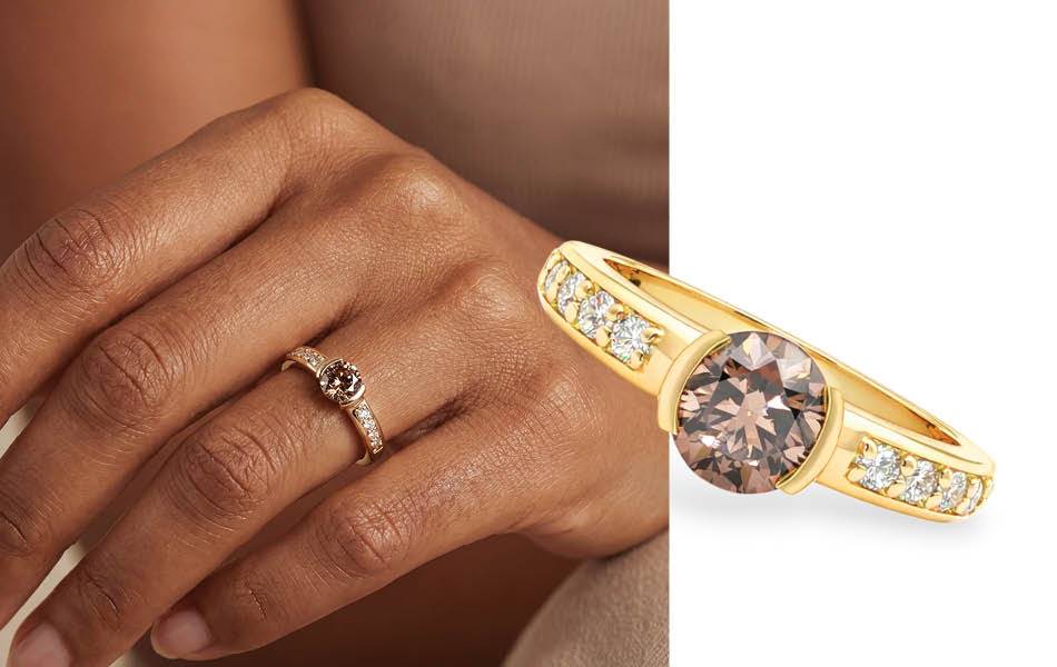 Bolton Gems: An 18-carat yellow gold ring featuring a 1.10-carat round C7 SI1 Australian Chocolate Diamond in a half-bezel setting, with 0.32-carat white diamond accents. | Source: Bolton Gems